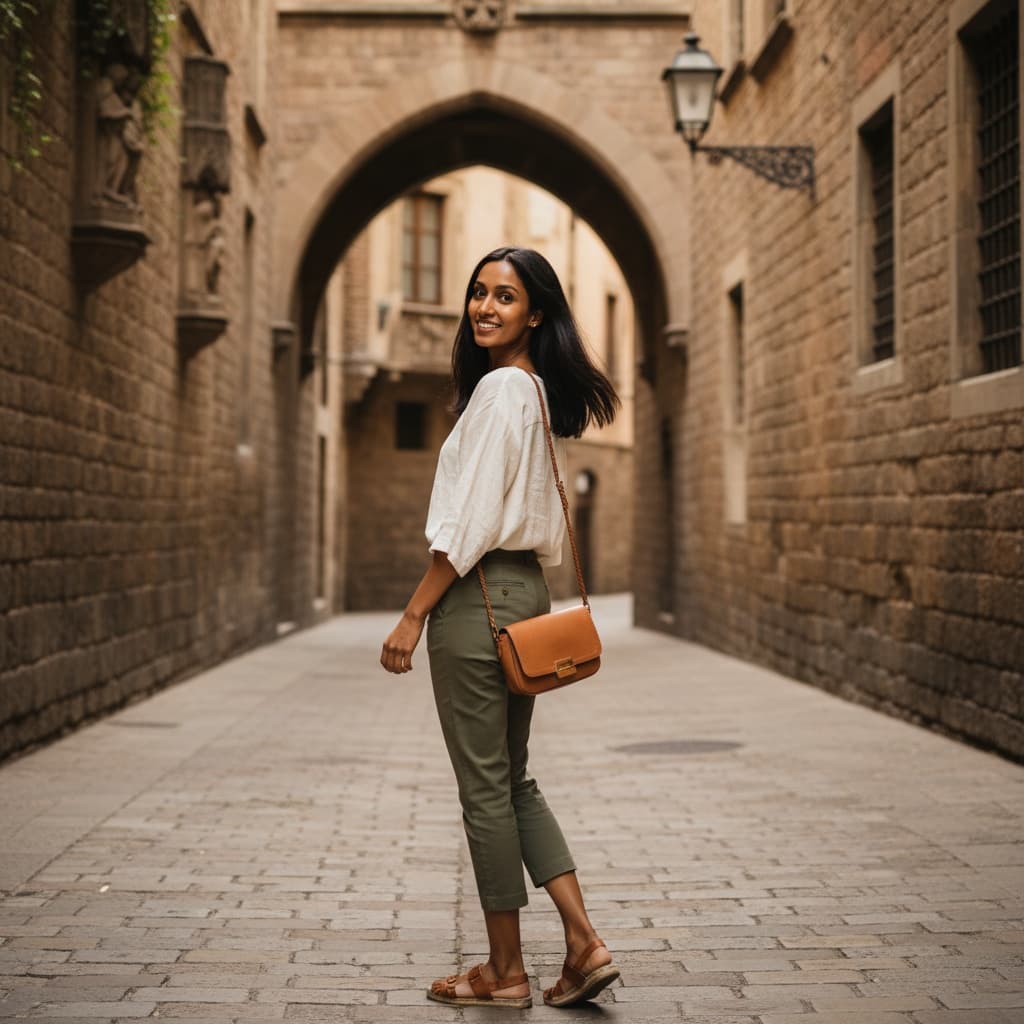 slim indian woman gothic quarter narrow street 31807300