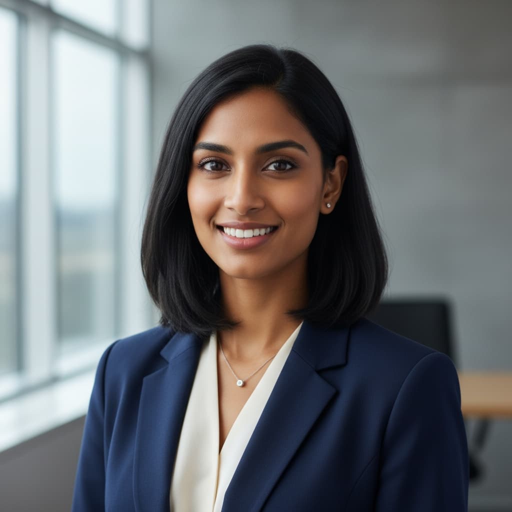 slim indian woman modern office neutral background 99363537