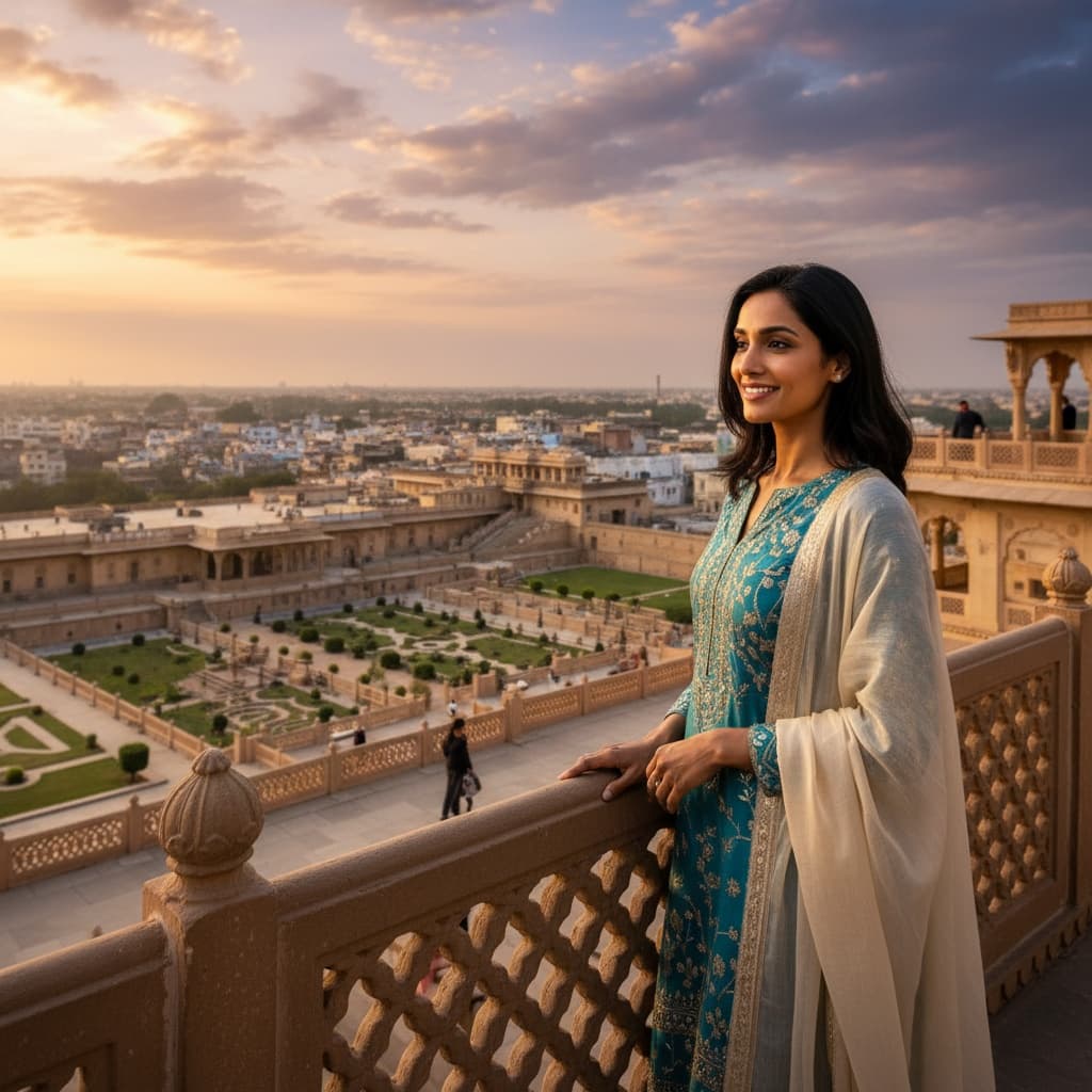 slim indian woman palace balcony overlook 98871243