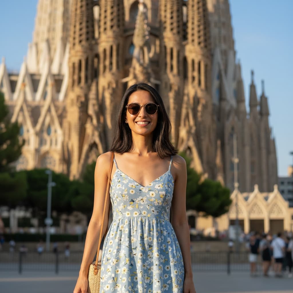 slim indian woman sagrada familia exterior portrait 35527035