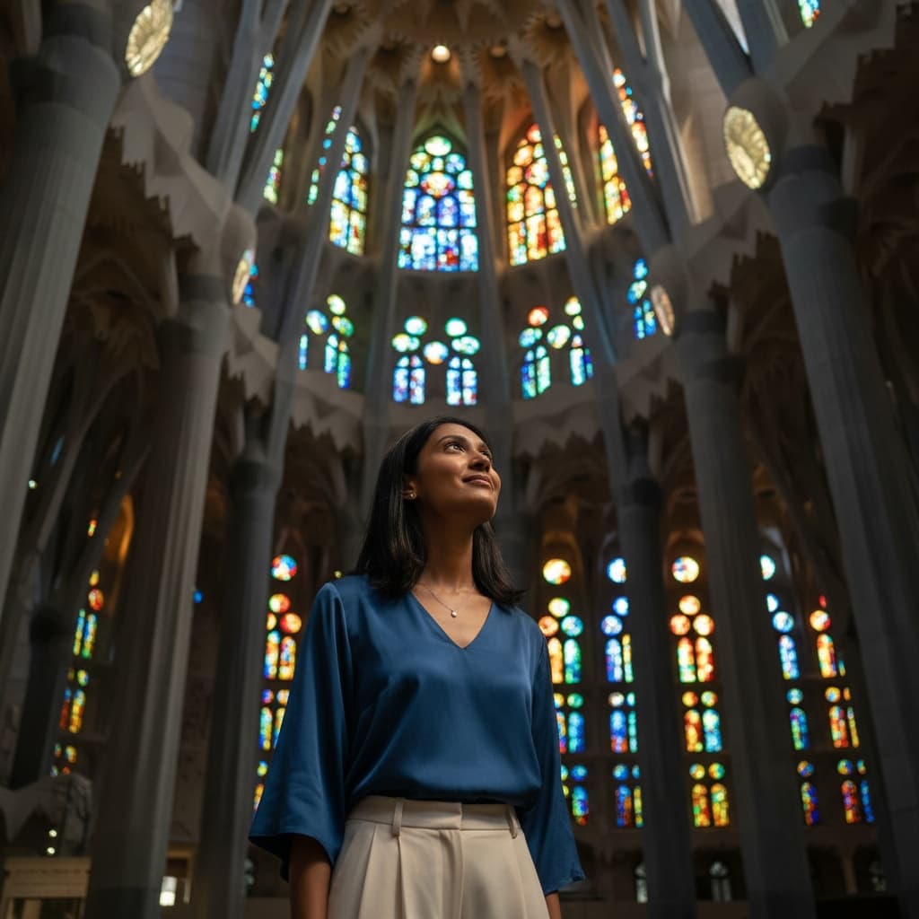 slim indian woman sagrada familia interior awe 12671010
