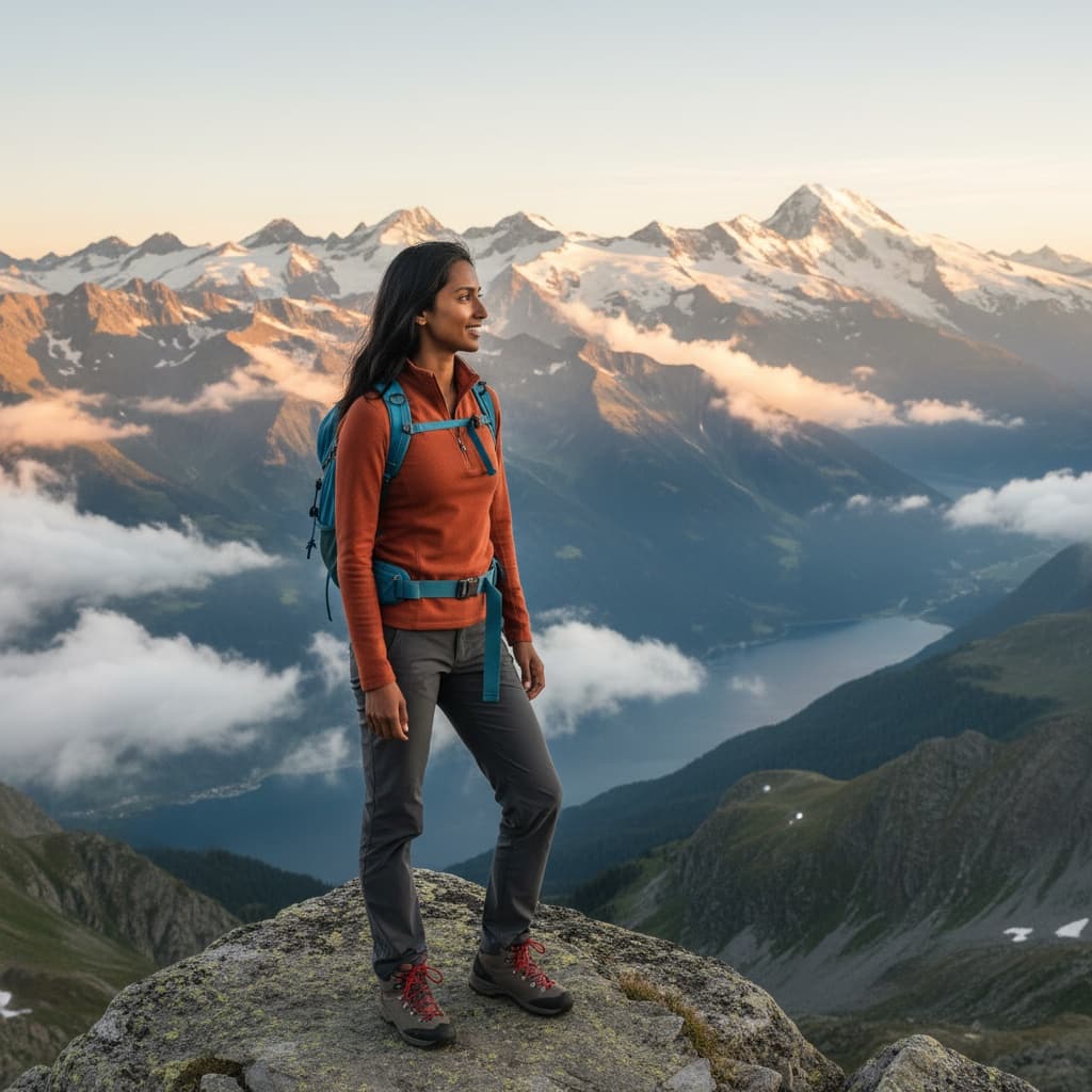slim indian woman swiss alps mountain view 55968267
