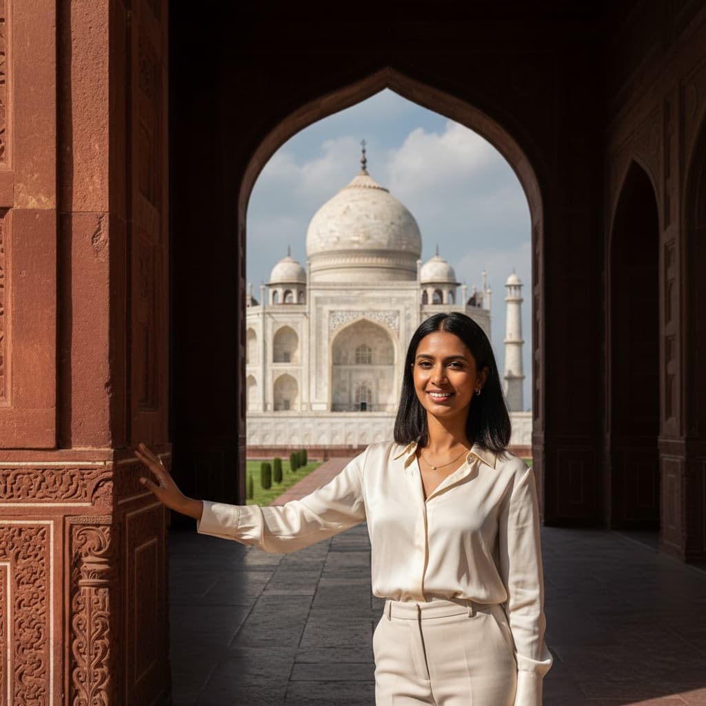 slim indian woman taj mahal archway frame 93192733