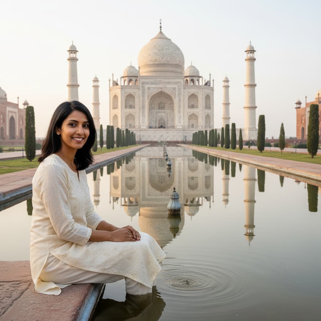 slim indian woman taj mahal reflecting pool 22329592