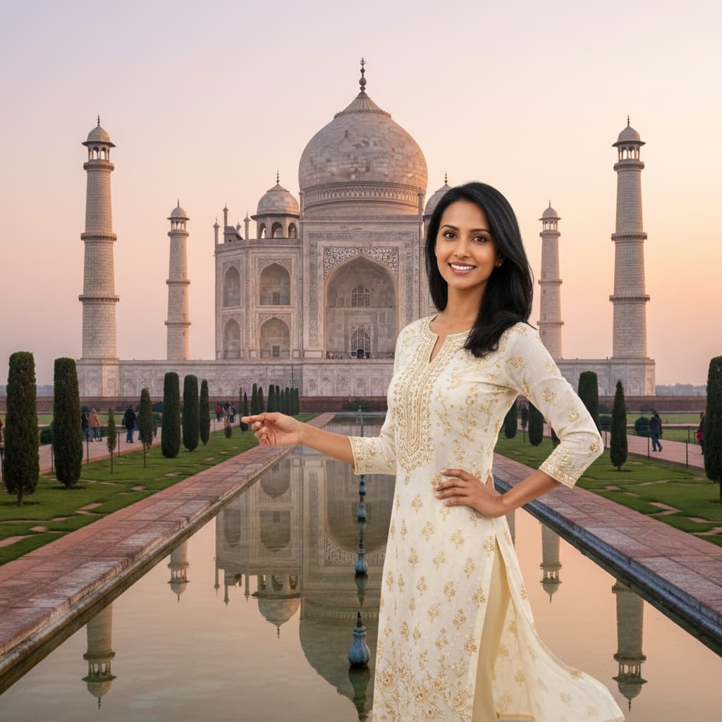 slim indian woman taj mahal sunrise front view 14226892