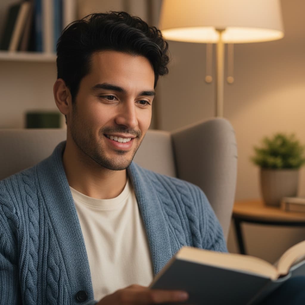 slim latino man book reading cozy 62940872