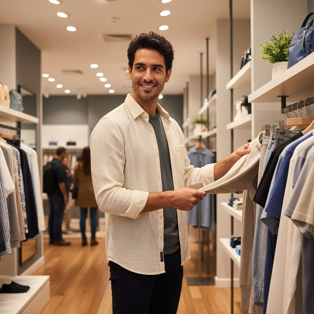 slim latino man boutique shopping scene 72357168