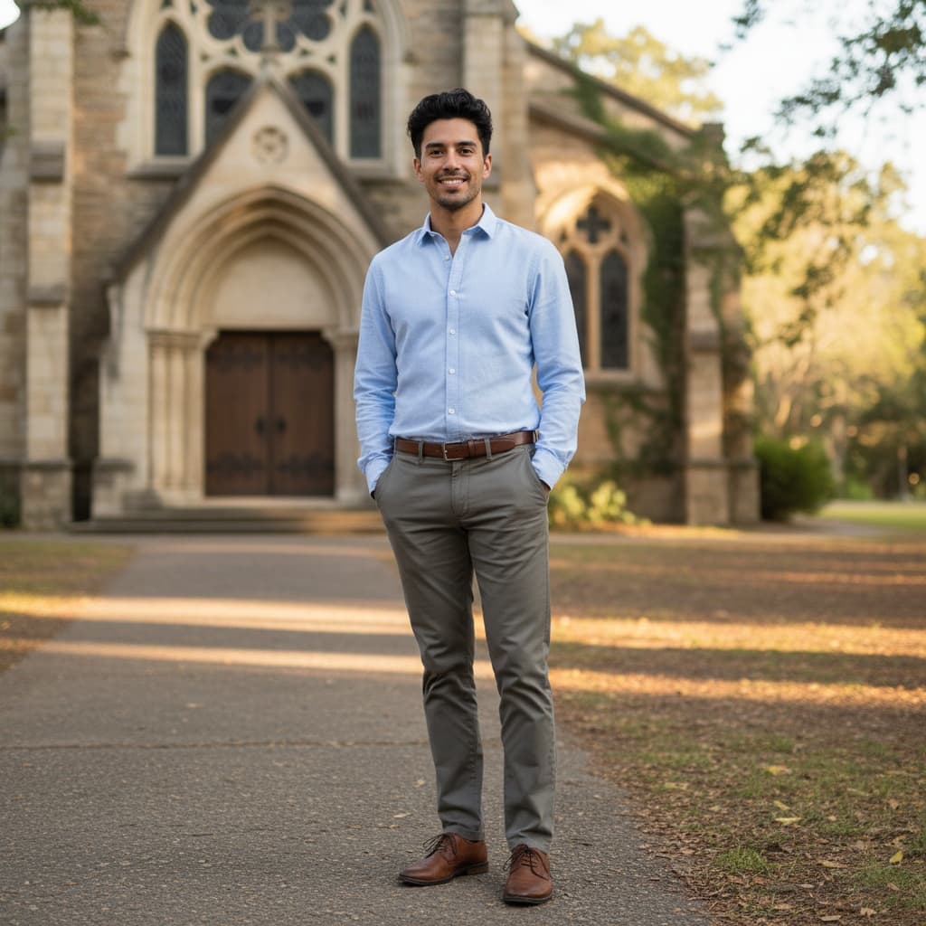 slim latino man church Sunday best portrait 70389030