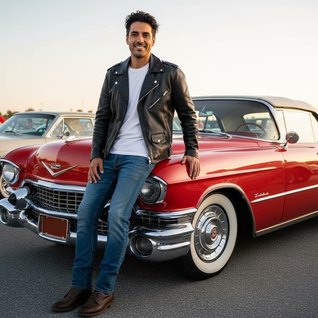 slim latino man convertible car portrait 91509331