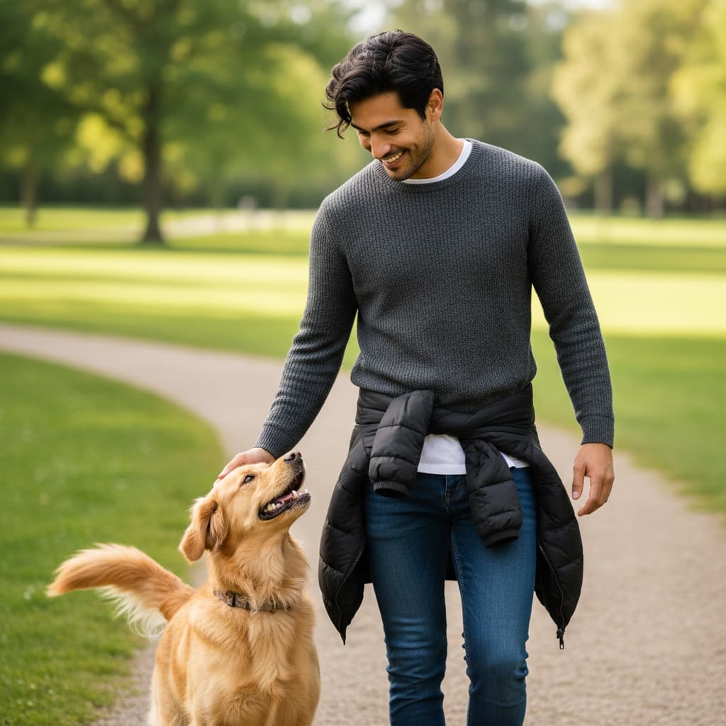 slim latino man dog walk park 50503061