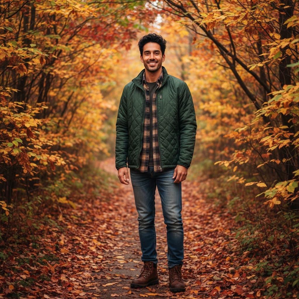 slim latino man forest trail fall colors 29767967