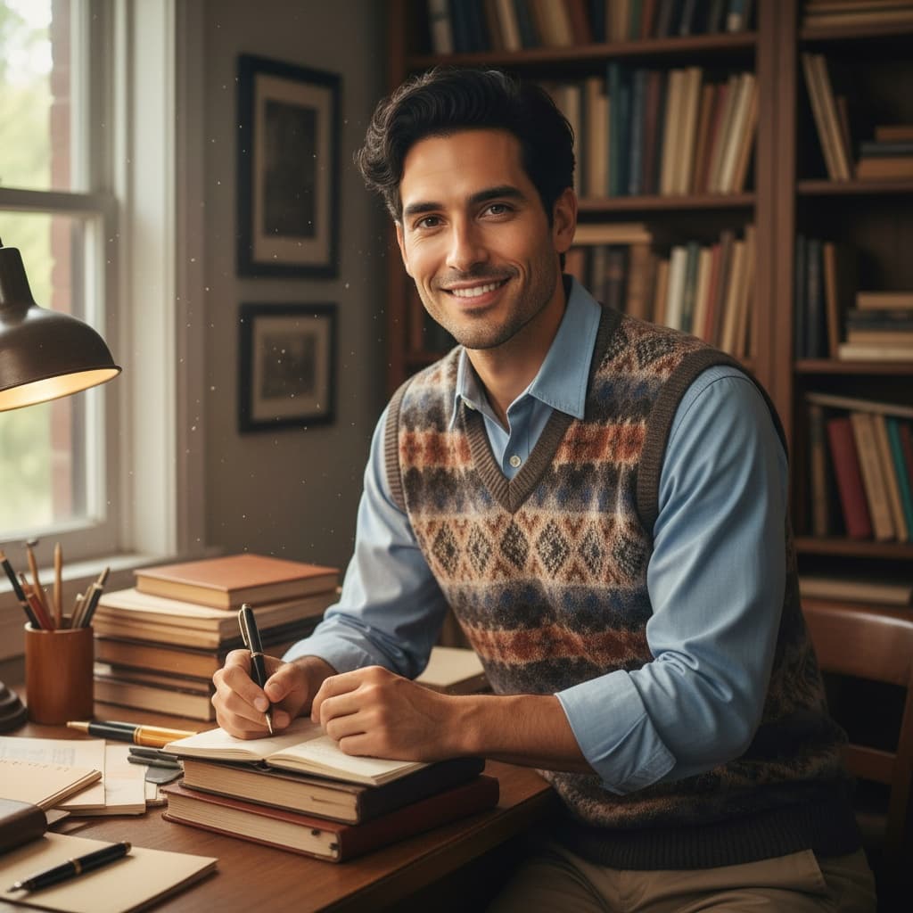 slim latino man home office bookshelves 38388169