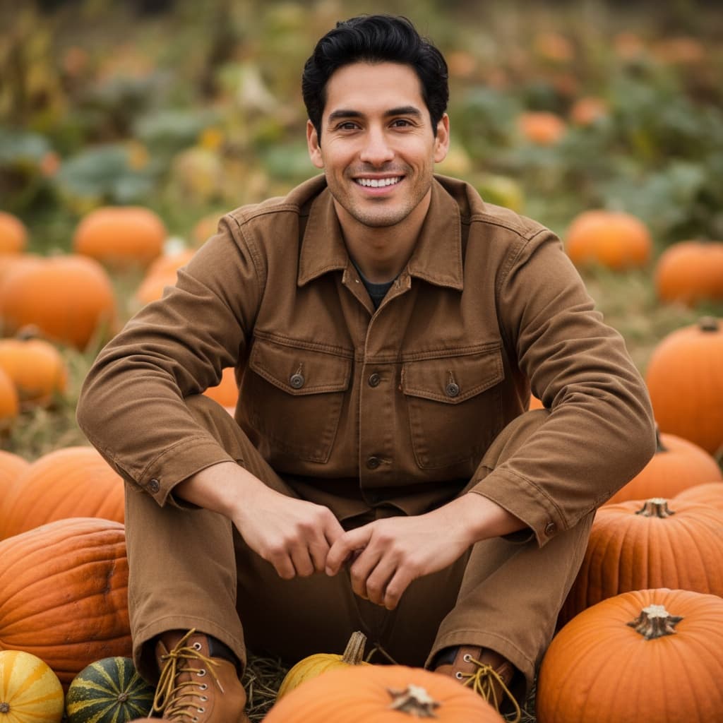 slim latino man pumpkin patch portrait 43372666