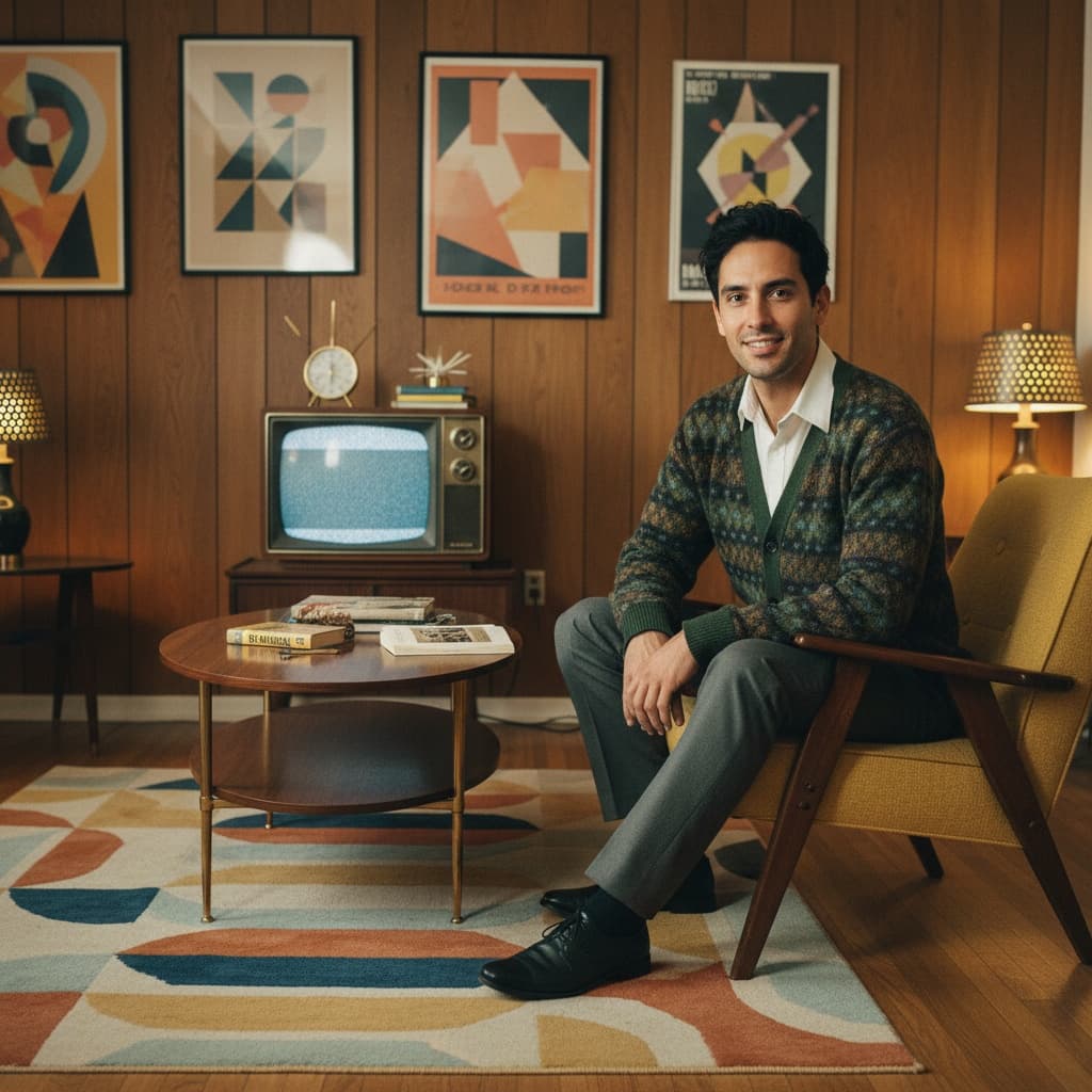 slim latino man retro living room portrait 91404363
