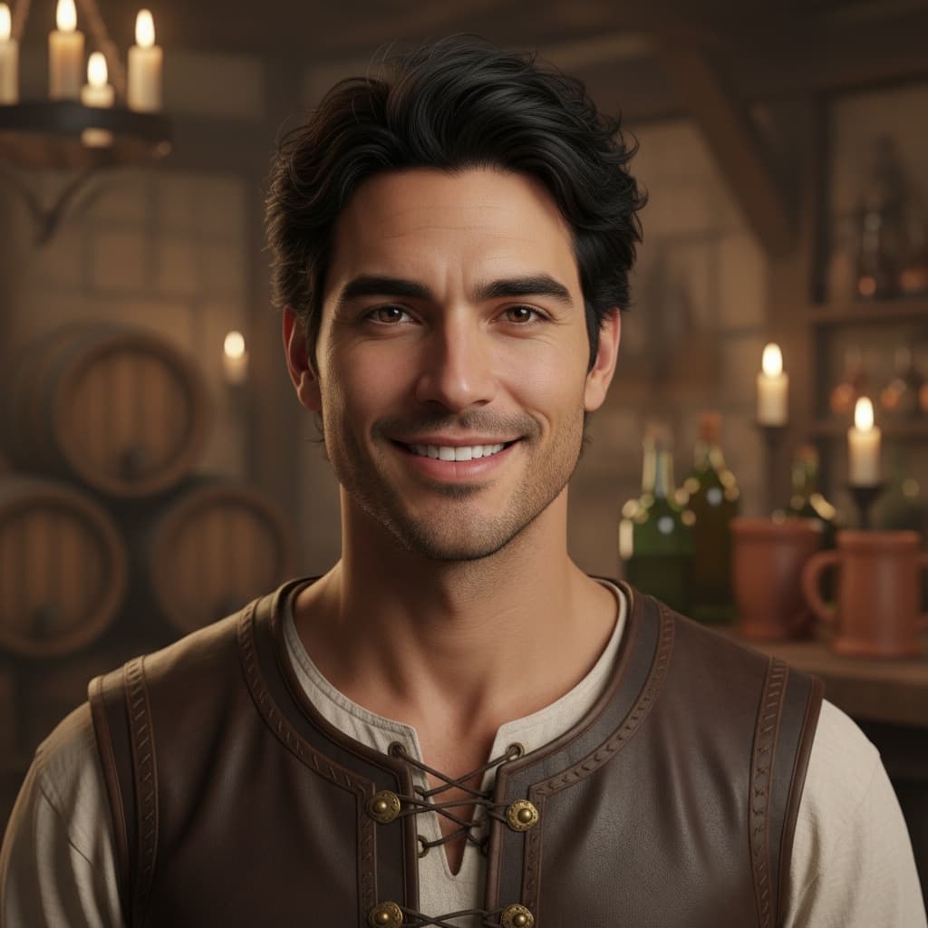 slim latino man tavern keeper candlelit interior 11201137