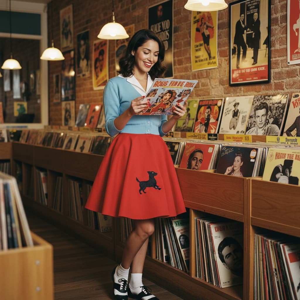 slim latino woman retro record store 67902998