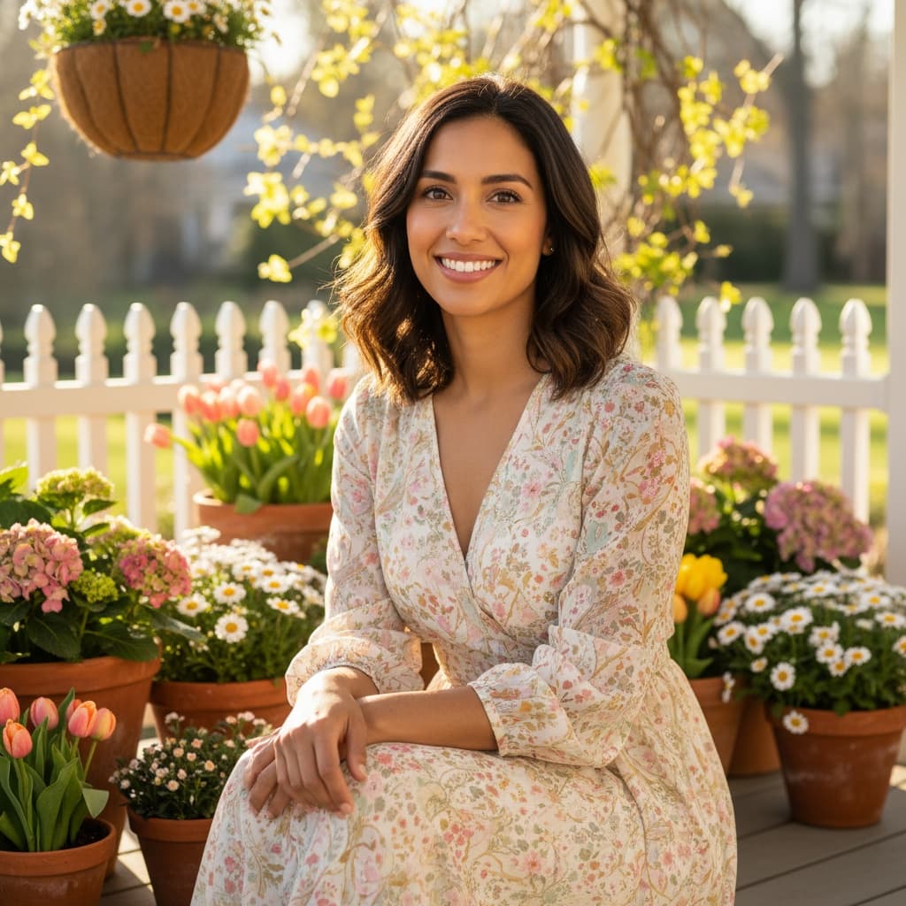 slim latino woman spring porch sitting portrait 83874378