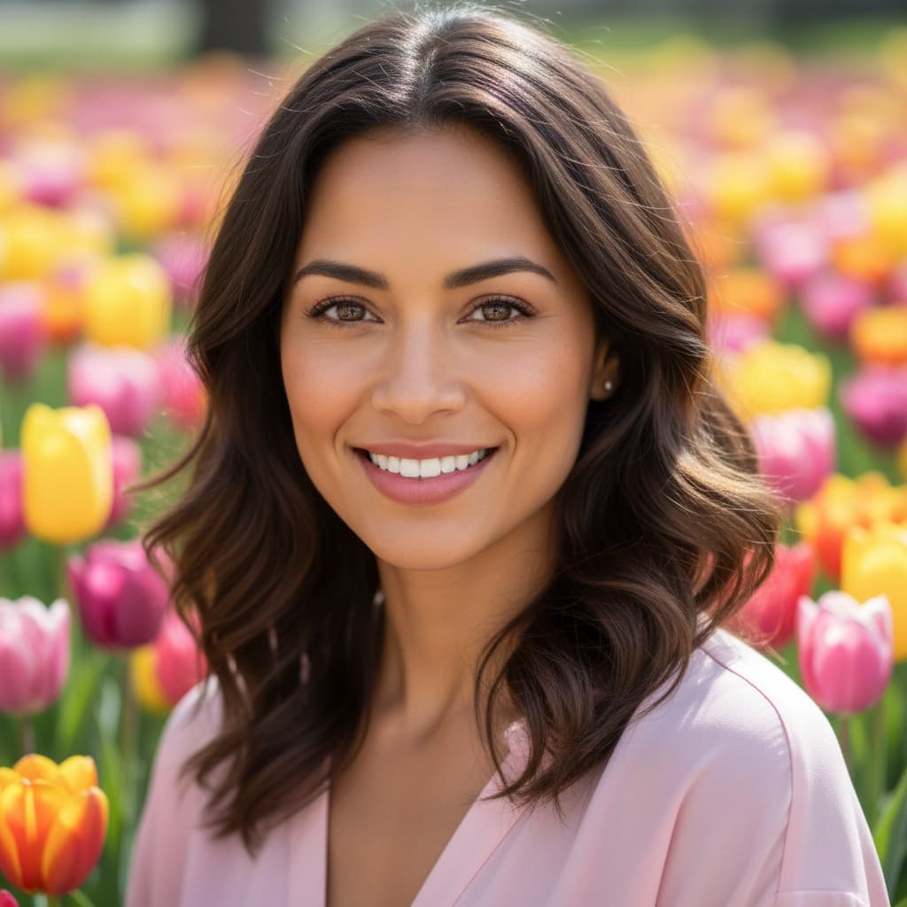 slim latino woman tulip field closeup portrait 18185445