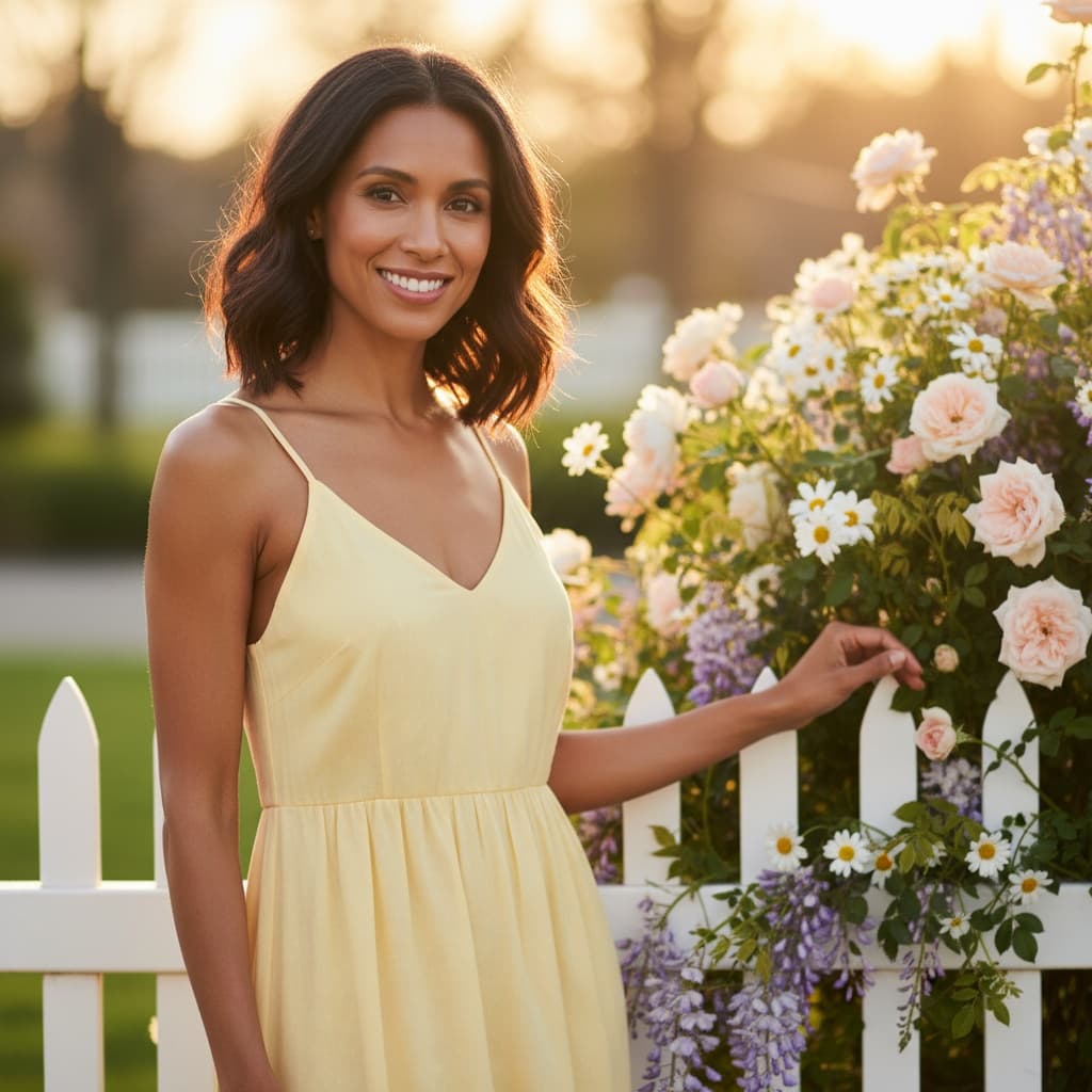 slim latino woman white picket fence spring 77713521