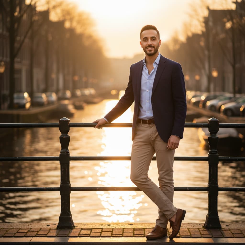 slim middle_eastern man canal sunset golden hour 26755995