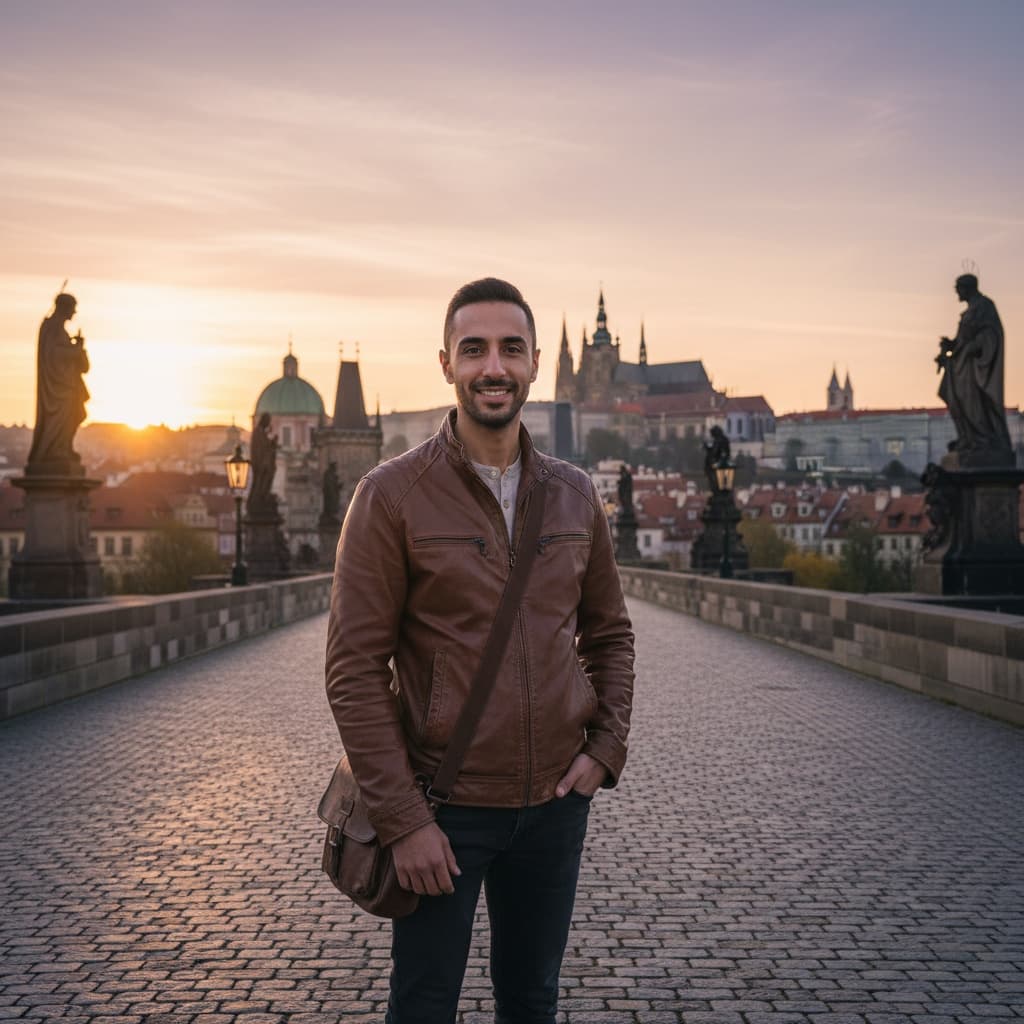 slim middle_eastern man charles bridge sunrise 69717475
