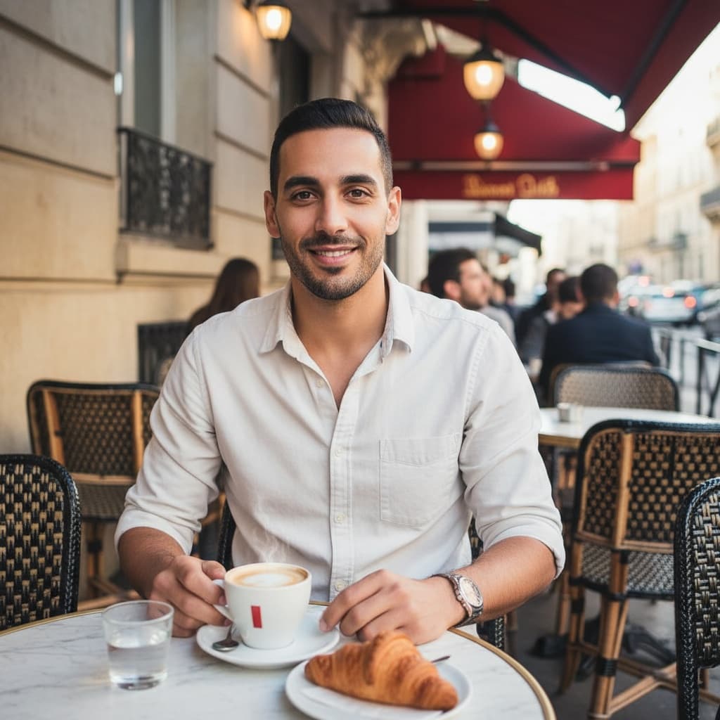 slim middle_eastern man charming parisian cafe 88082266
