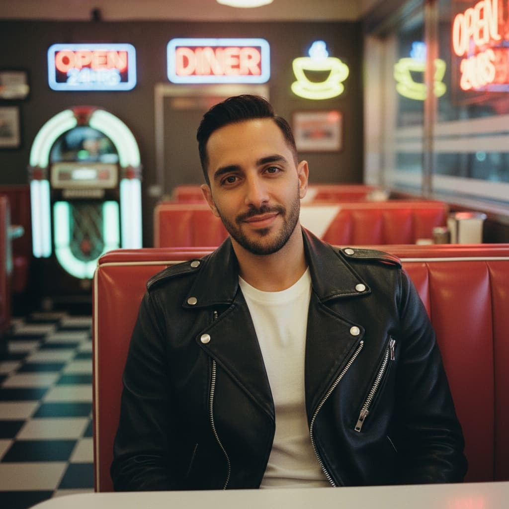 slim middle_eastern man classic diner booth 41559436