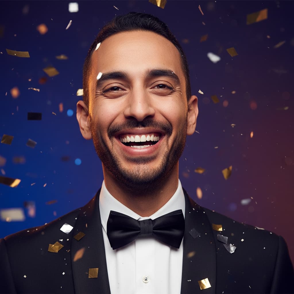 slim middle_eastern man confetti moment close up 24112204