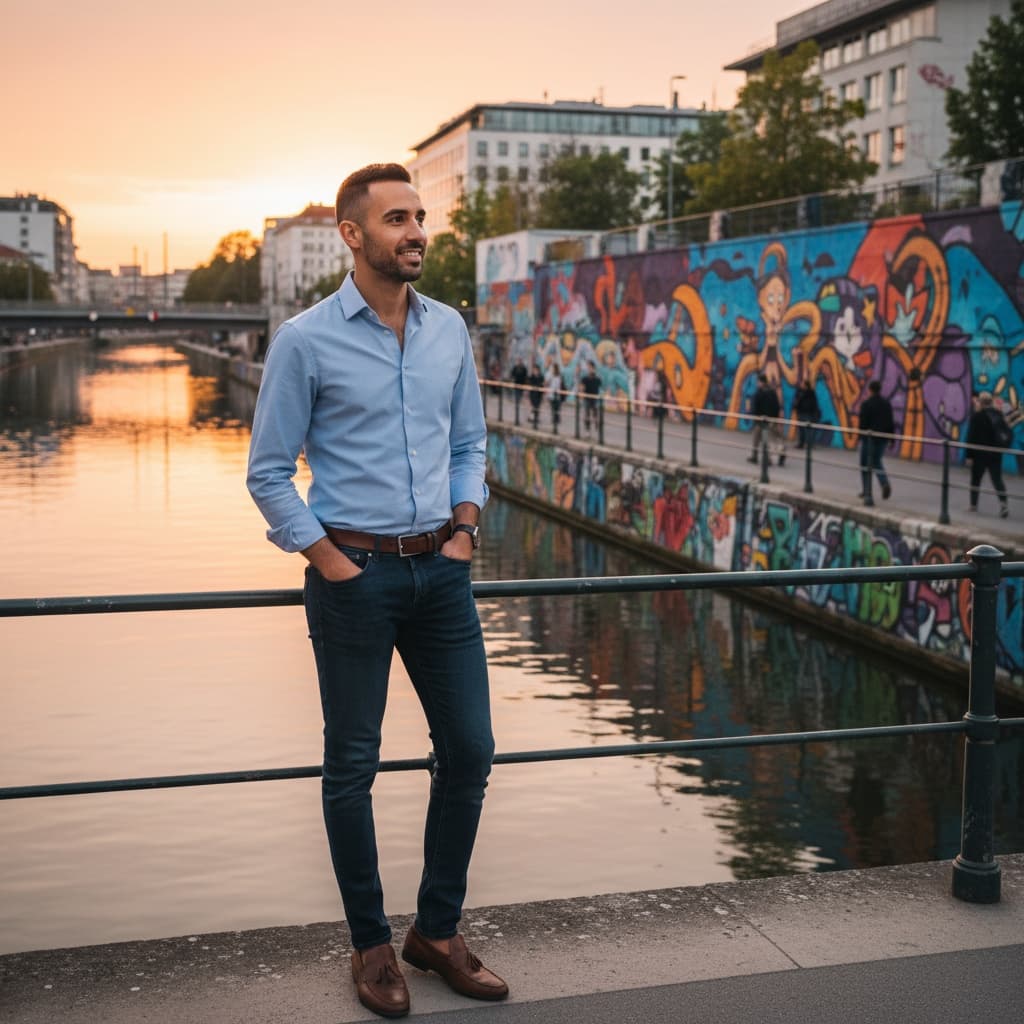 slim middle_eastern man danube canal sunset 12206097