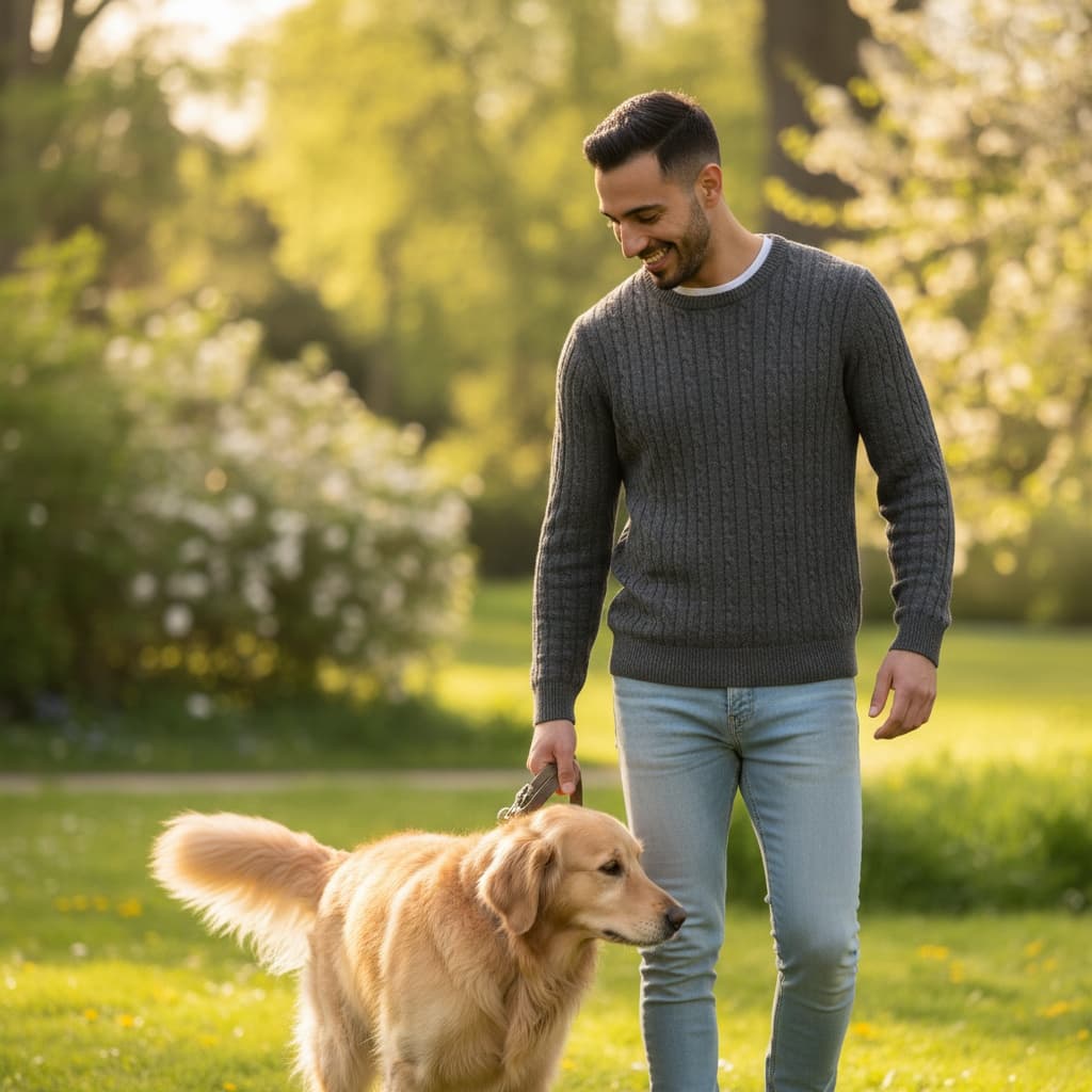 slim middle_eastern man dog walk park 98134550