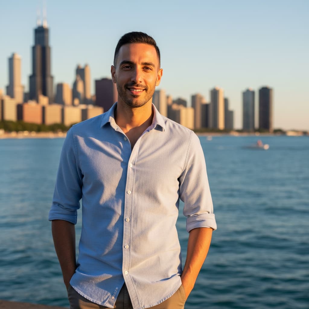 slim middle_eastern man navy pier skyline backdrop 63351582