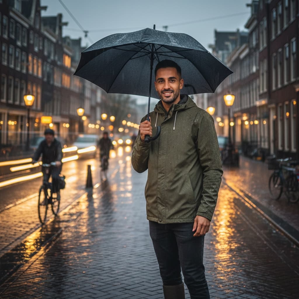 slim middle_eastern man rainy amsterdam atmosphere 17642055