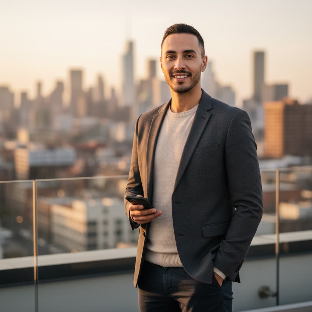 slim middle_eastern man rooftop city view ambitious 84989534