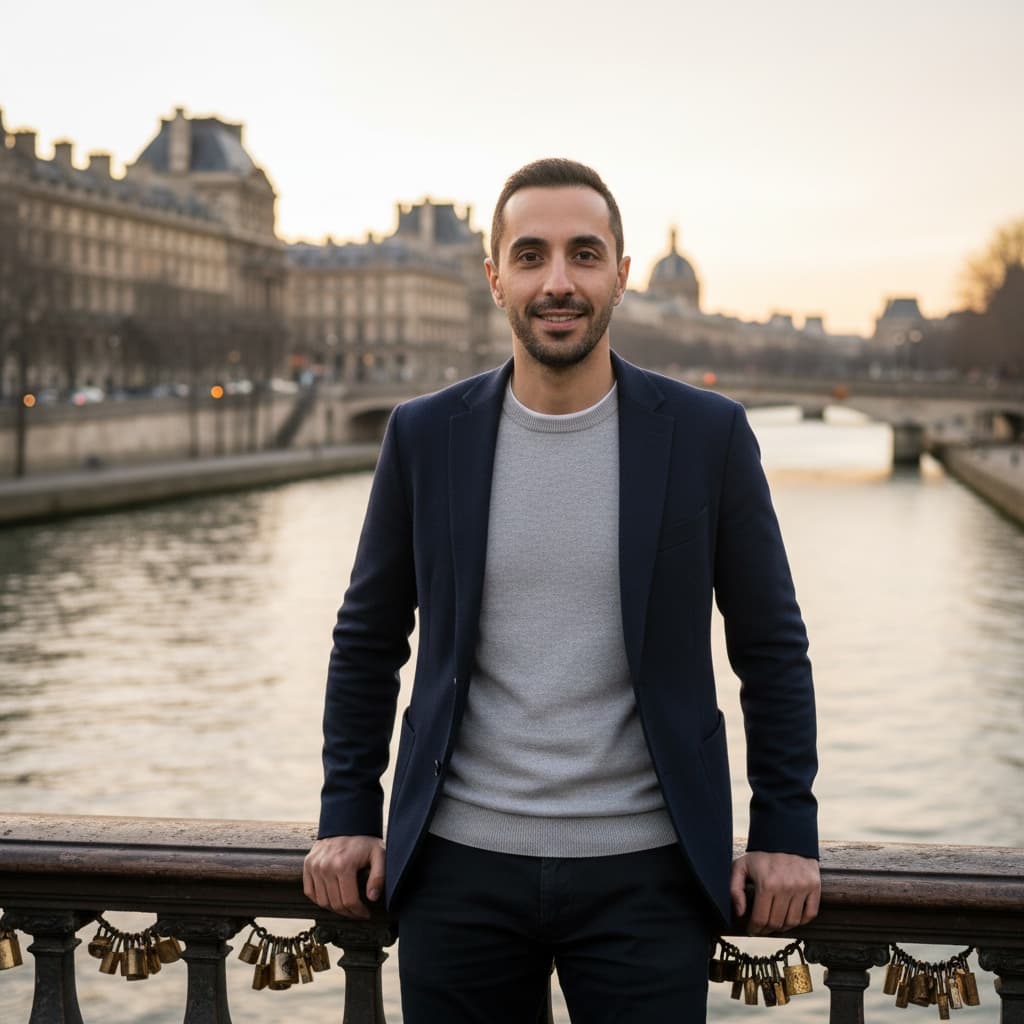 slim middle_eastern man seine river bridge 50219821