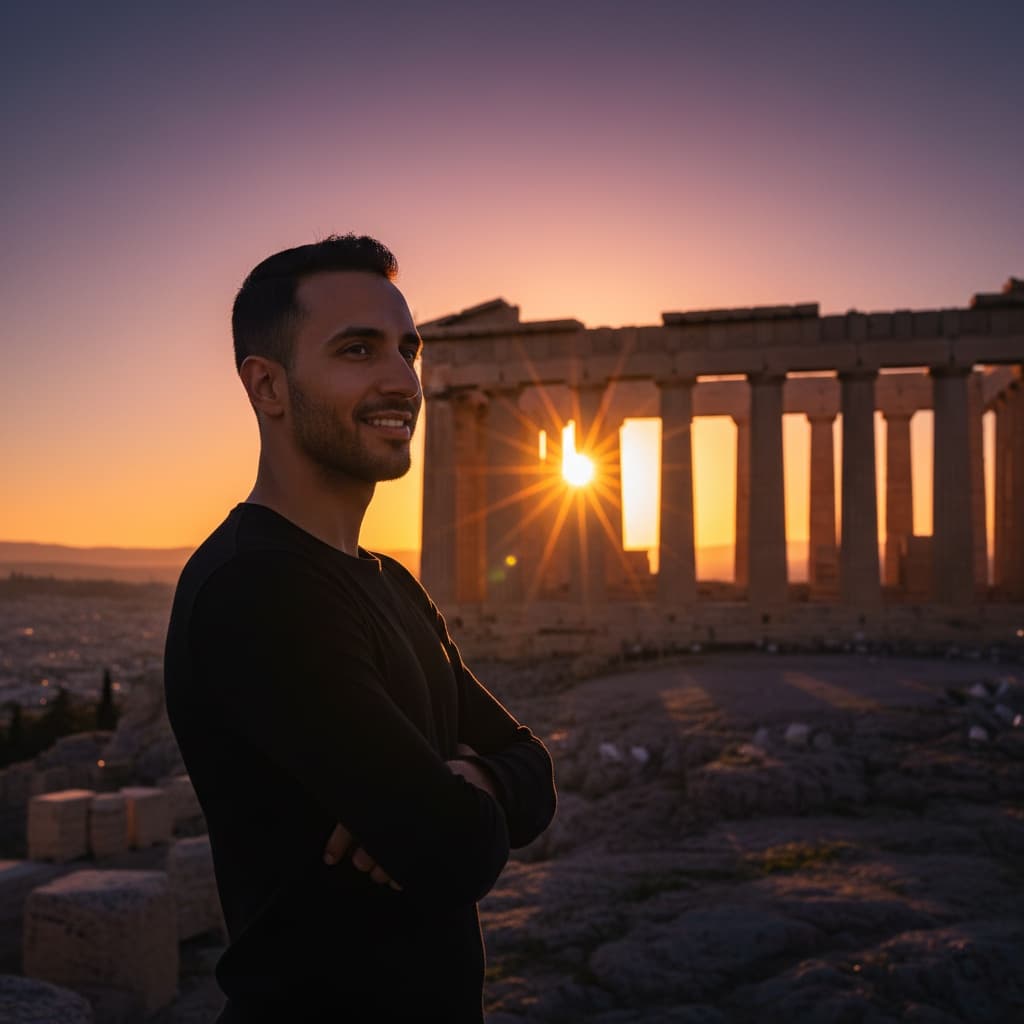slim middle_eastern man sunset acropolis silhouette 70427582