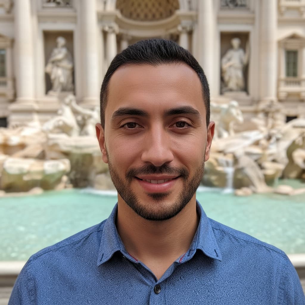 slim middle_eastern man trevi fountain close up 17103976