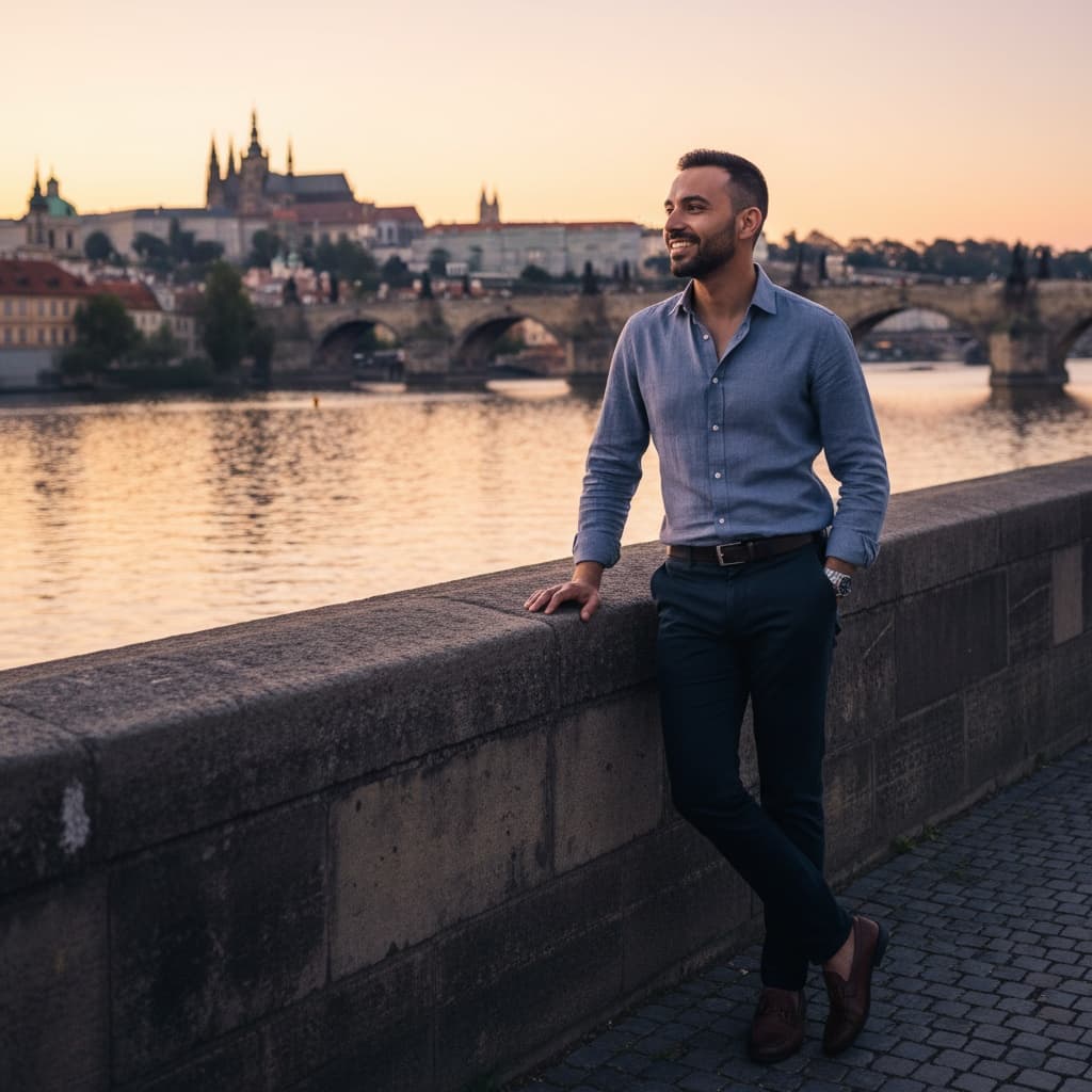 slim middle_eastern man vltava river sunset 19990693