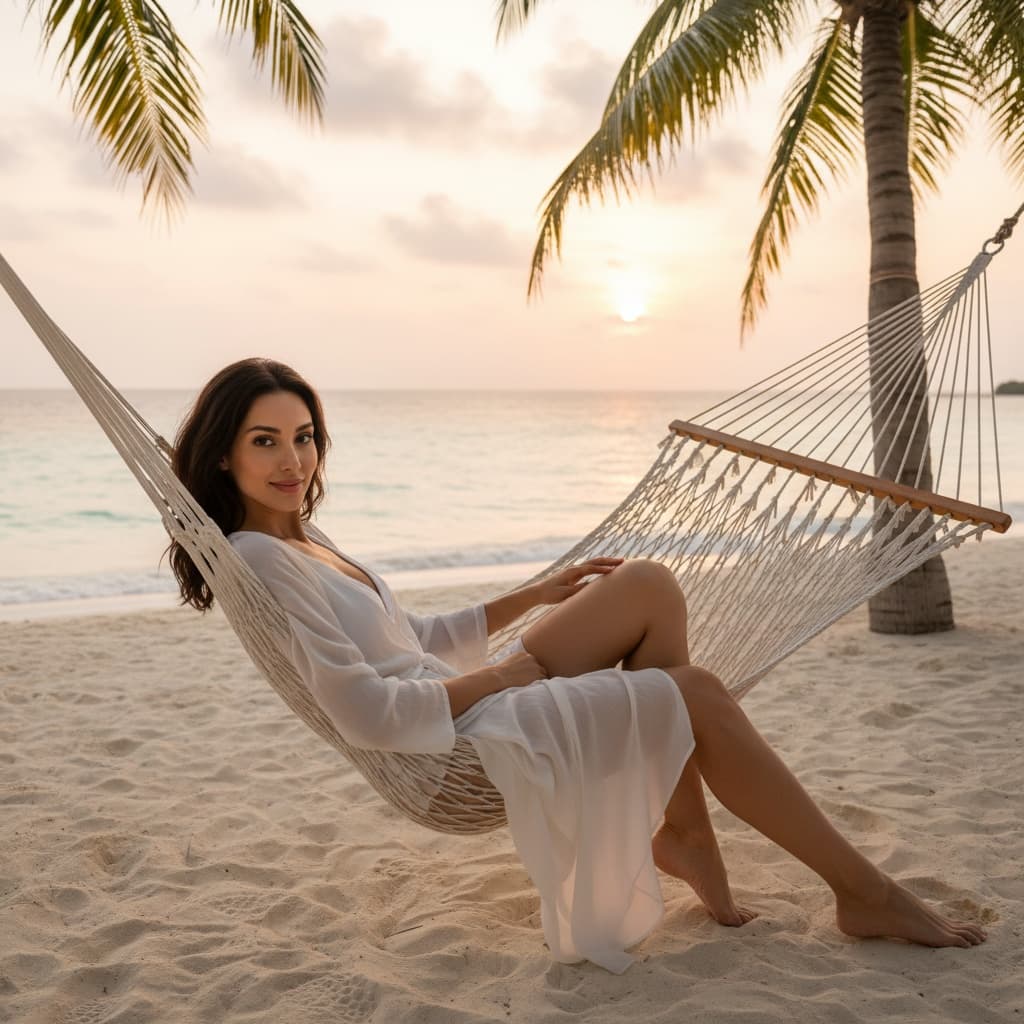 slim middle_eastern woman beach hammock sunset 15687576