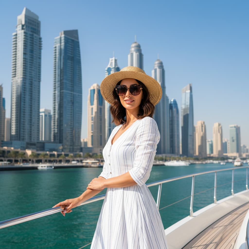 slim middle_eastern woman dubai marina yacht deck 64282430