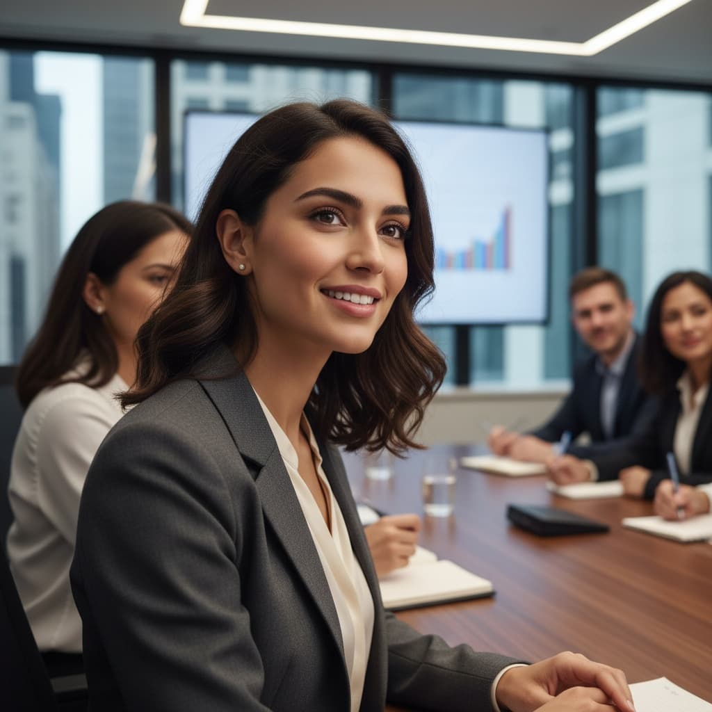 slim middle_eastern woman listening executive table 64702698