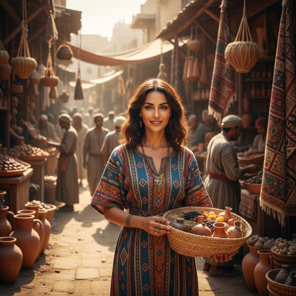 slim middle_eastern woman market merchant scene 90610088