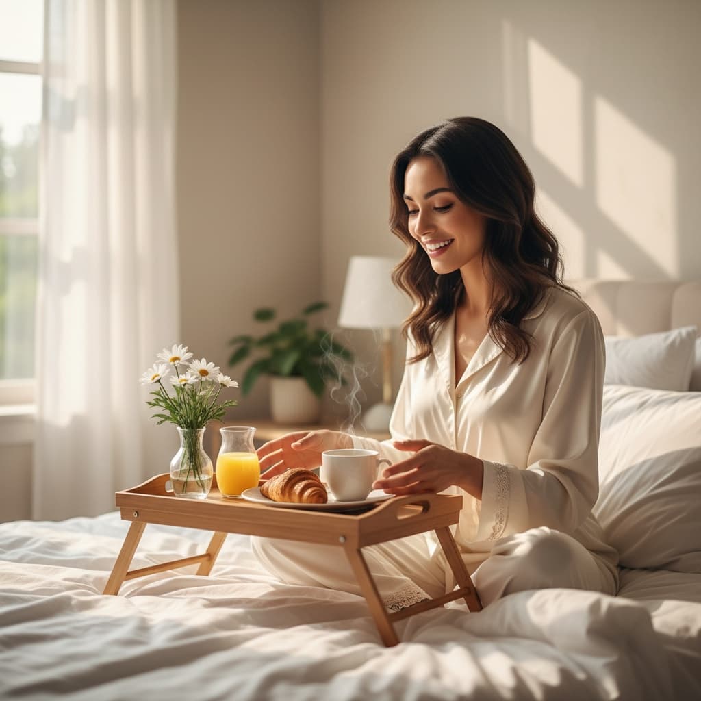 slim middle_eastern woman mom breakfast in bed 92936199