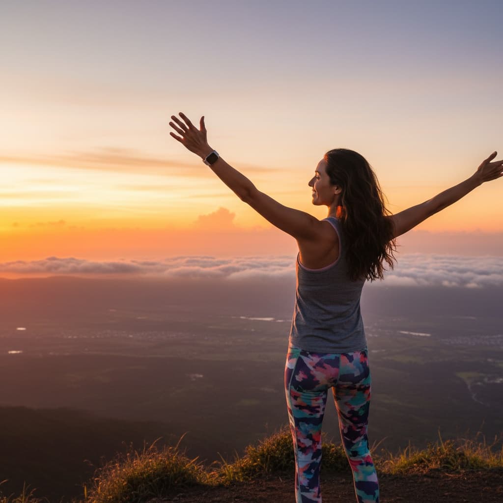 slim middle_eastern woman sunrise hike summit 91908327