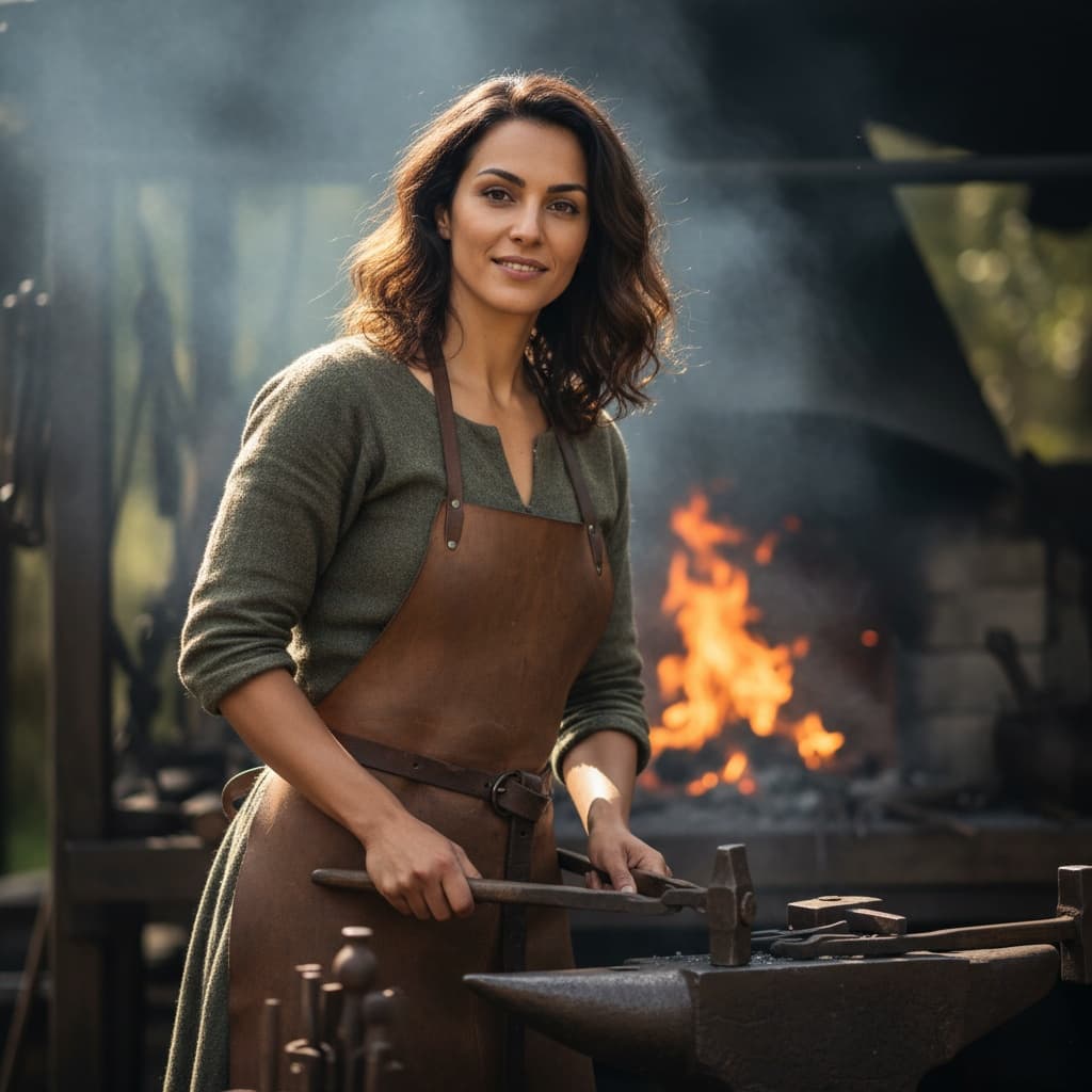 slim middle_eastern woman village blacksmith forge 60309346