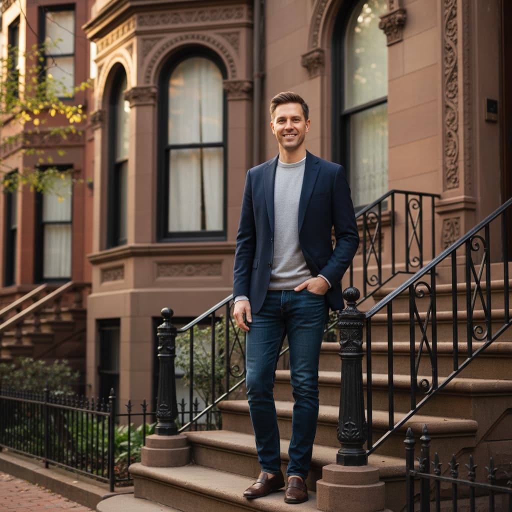 slim white man back bay brownstone steps 77271151