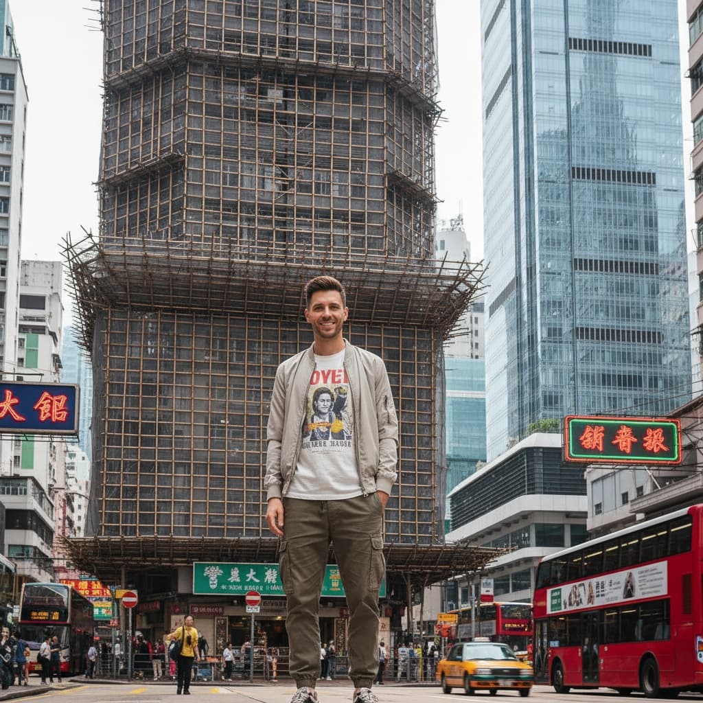 slim white man bamboo scaffolding urban 44056518
