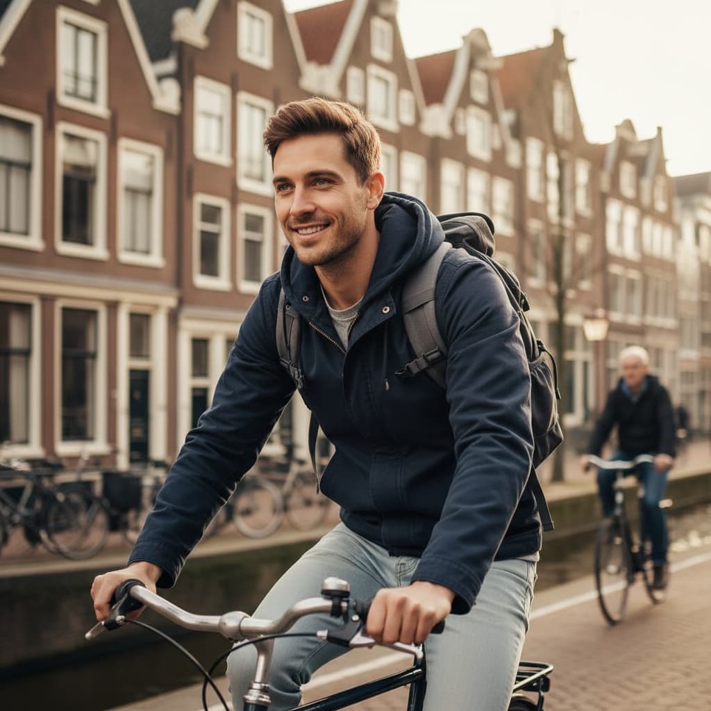 slim white man biking through amsterdam 94675931