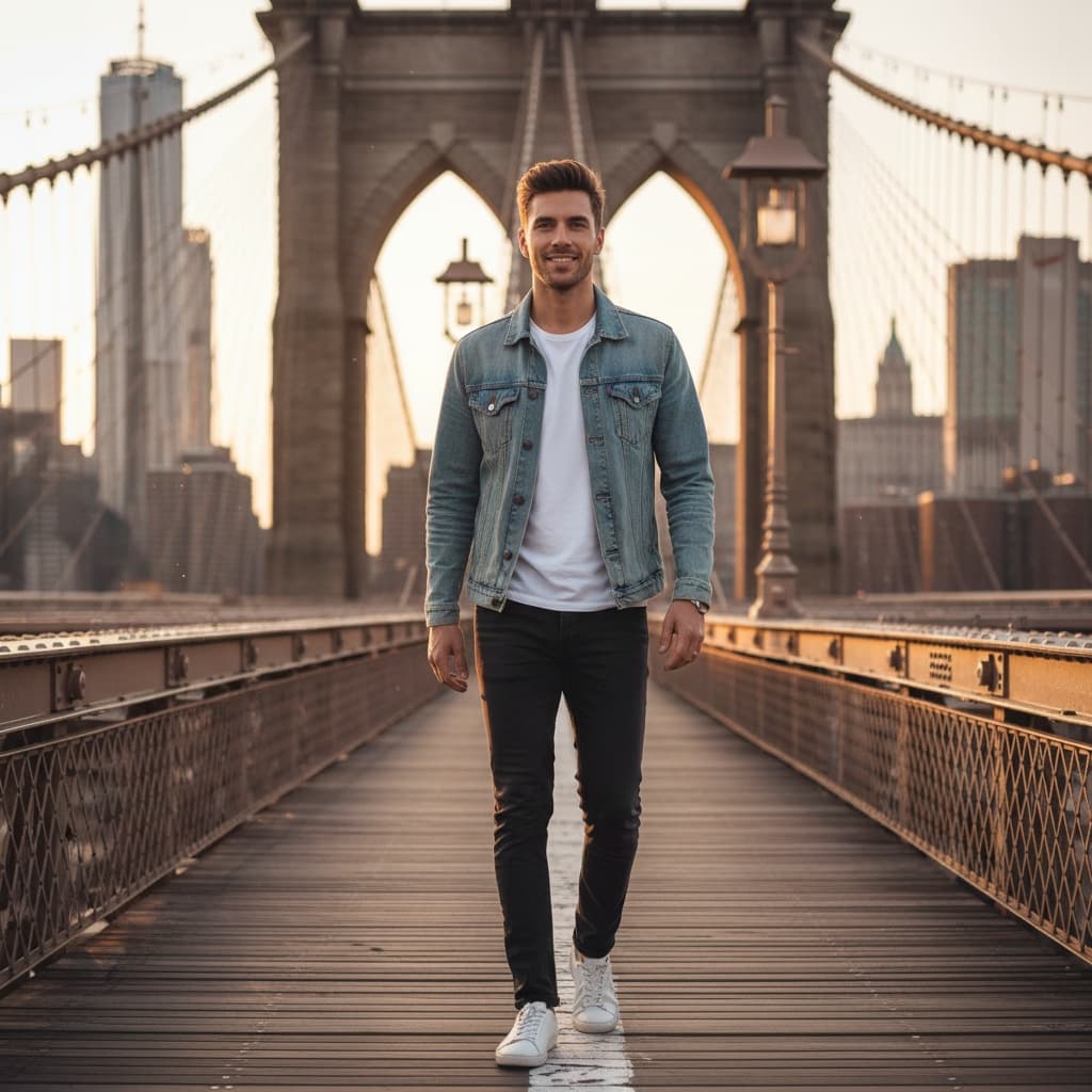 slim white man brooklyn bridge walkway 24879403
