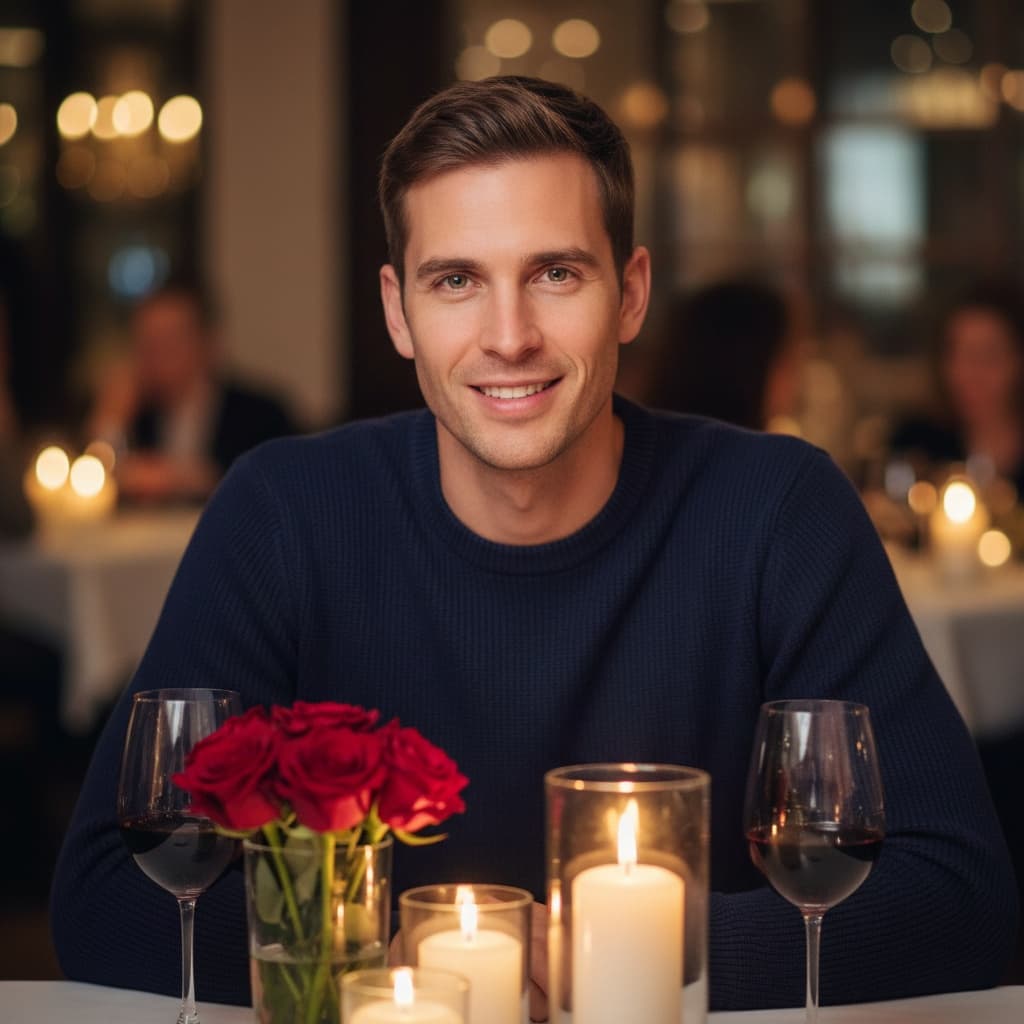 slim white man candlelit dinner date 95624682