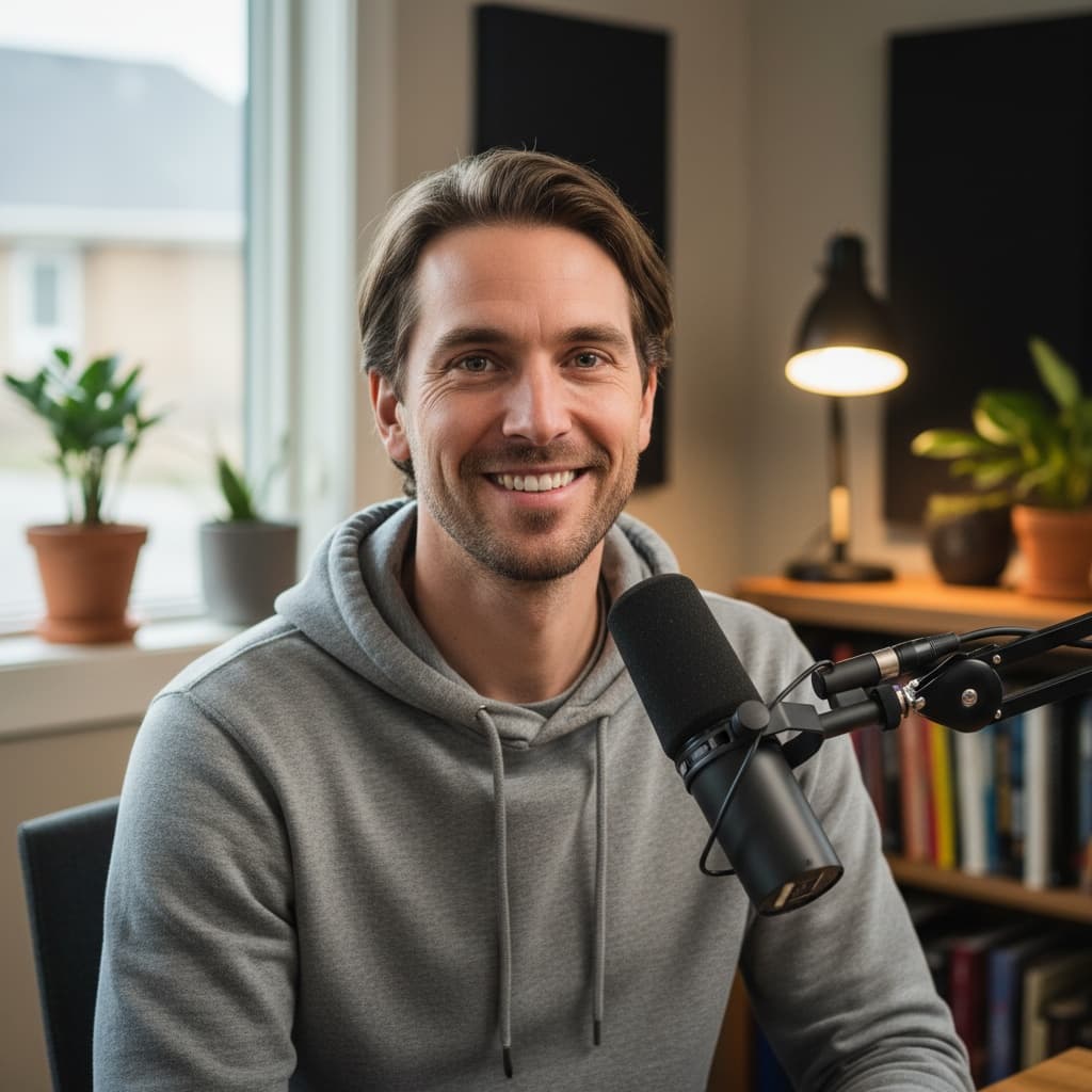 slim white man casual podcast setup 54831710